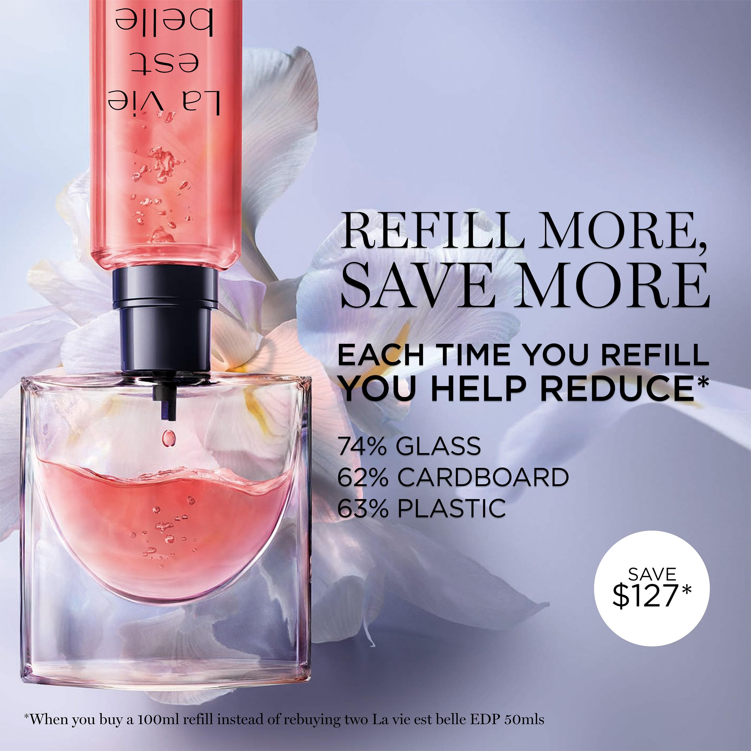 Lancôme La Vie Est Belle mini purse spray next to fresh pink flowers and vanilla pods