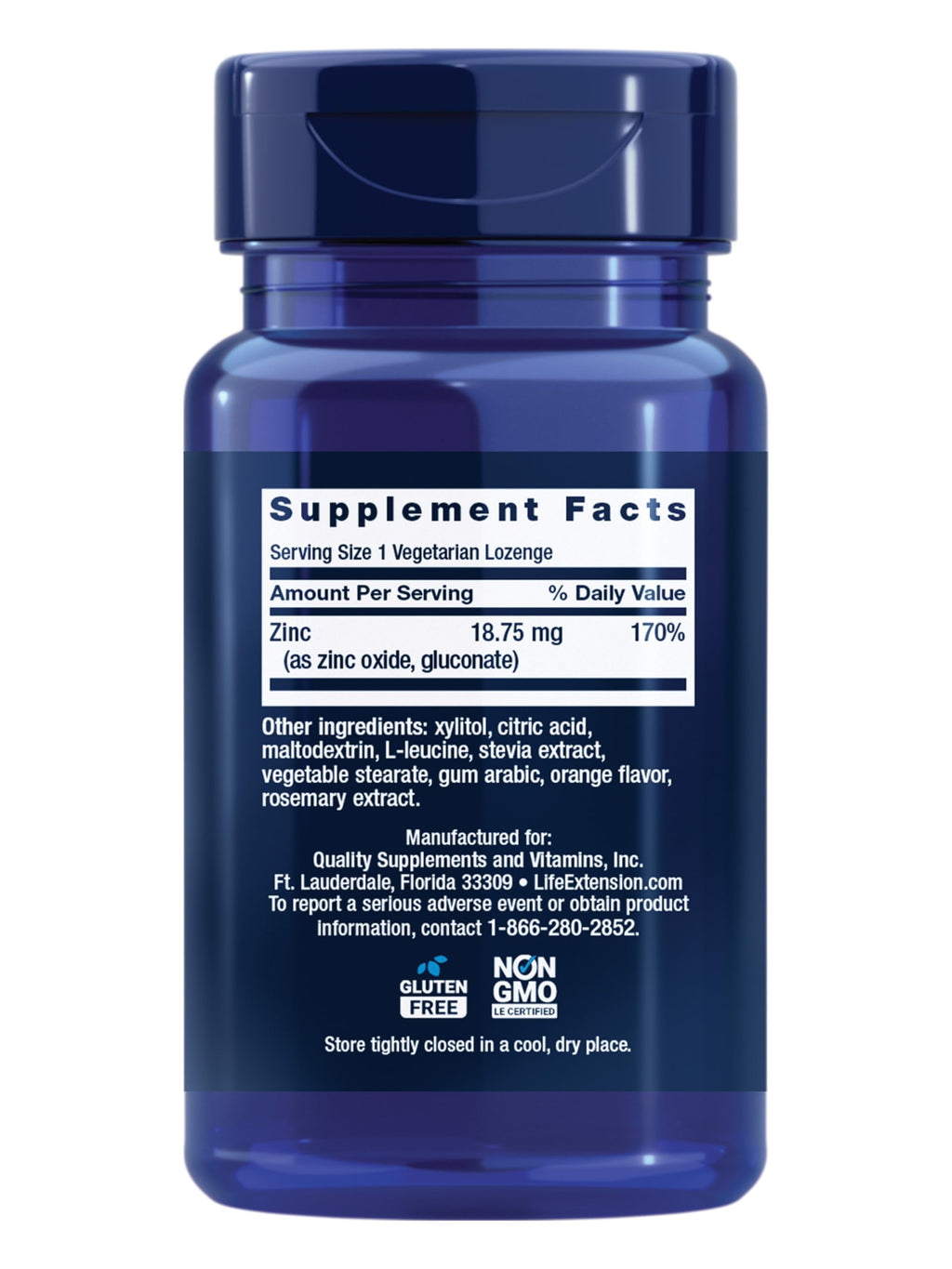 Life Extension Zinc Lozenges supplement facts nutritional panel
