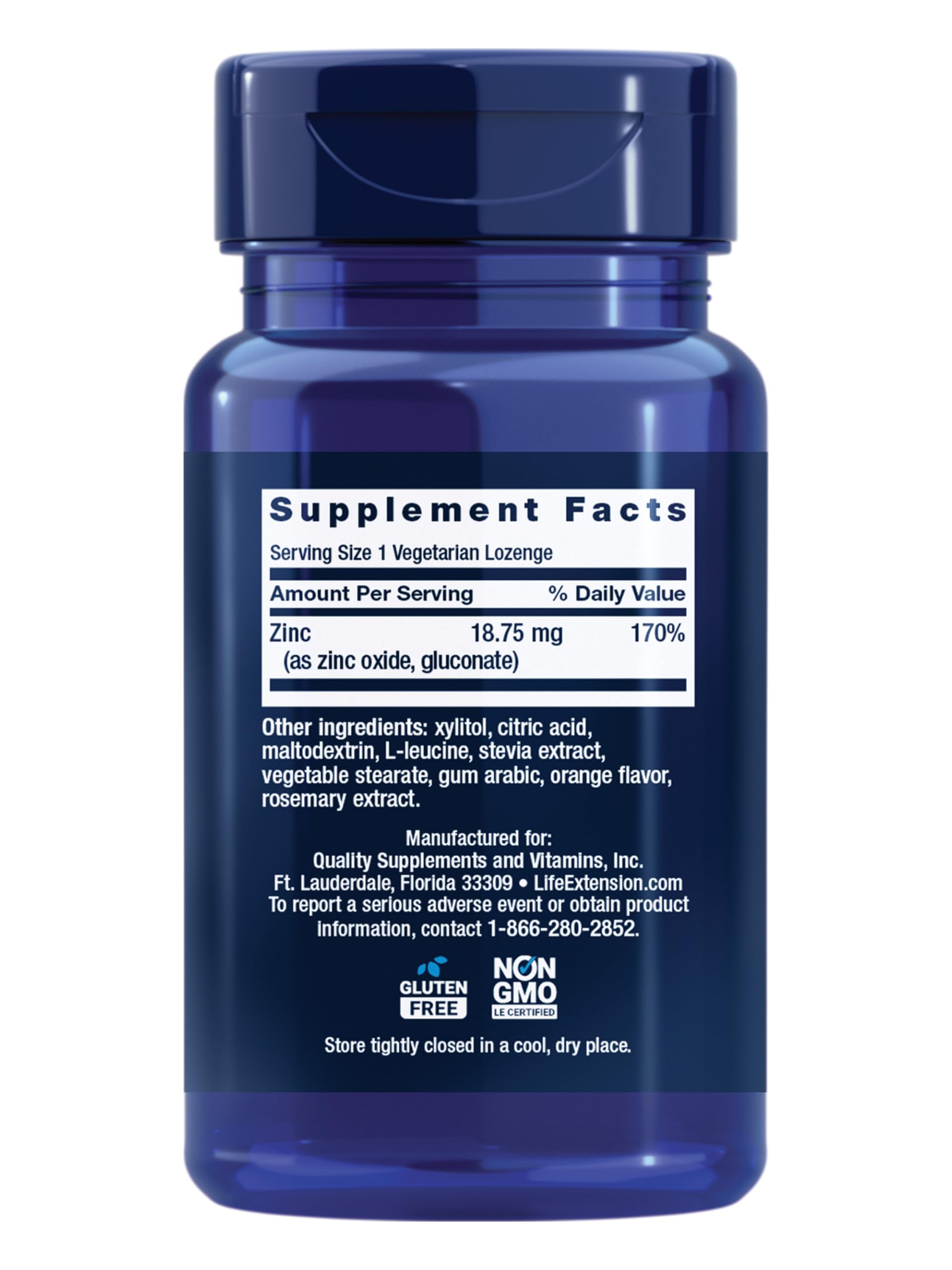 Life Extension immune health mineral lozenges packaging showing nutritional supplement facts label