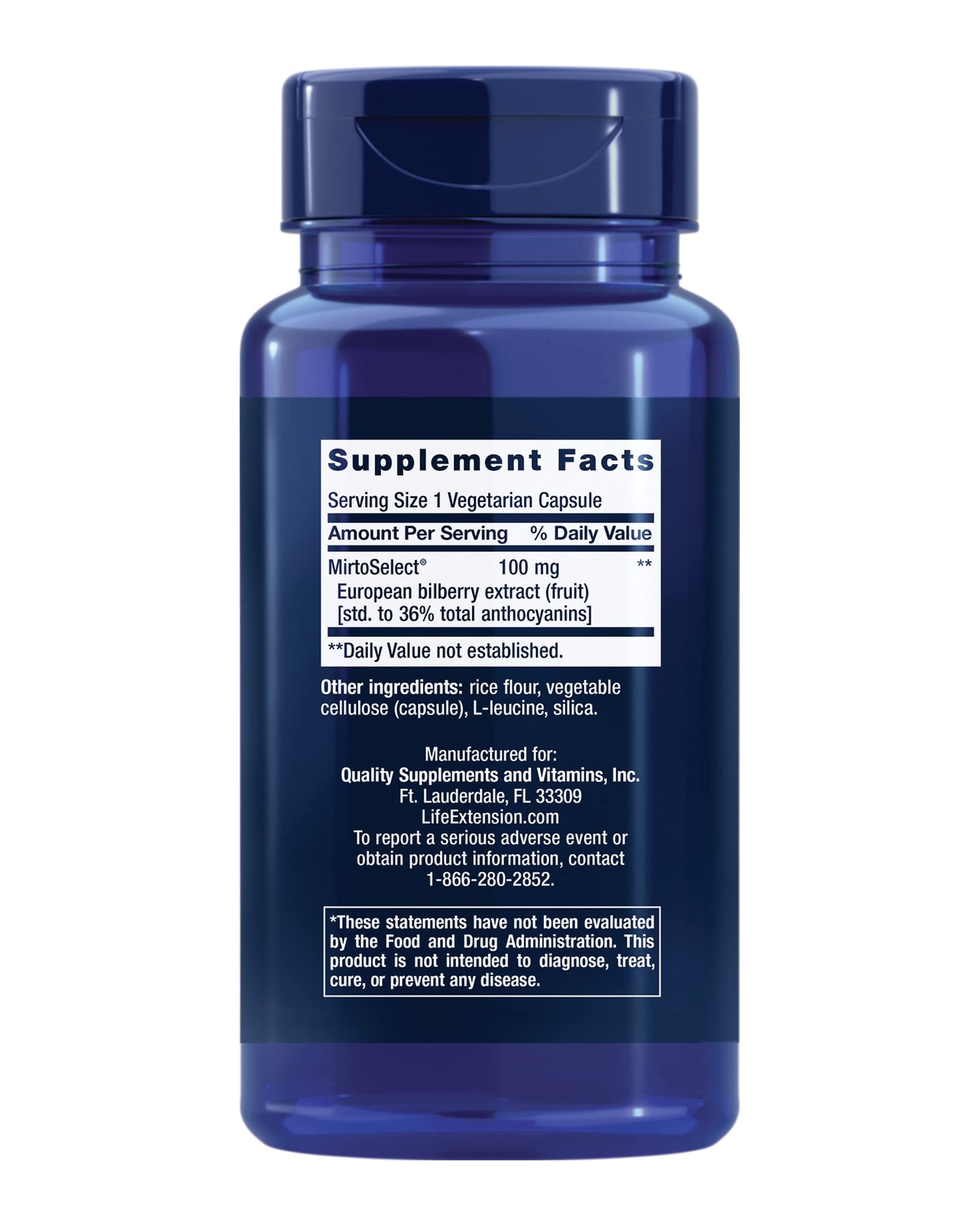 Life Extension MirtoSelect European Bilberry Extract bottle featuring 100 milligram dosage instructions