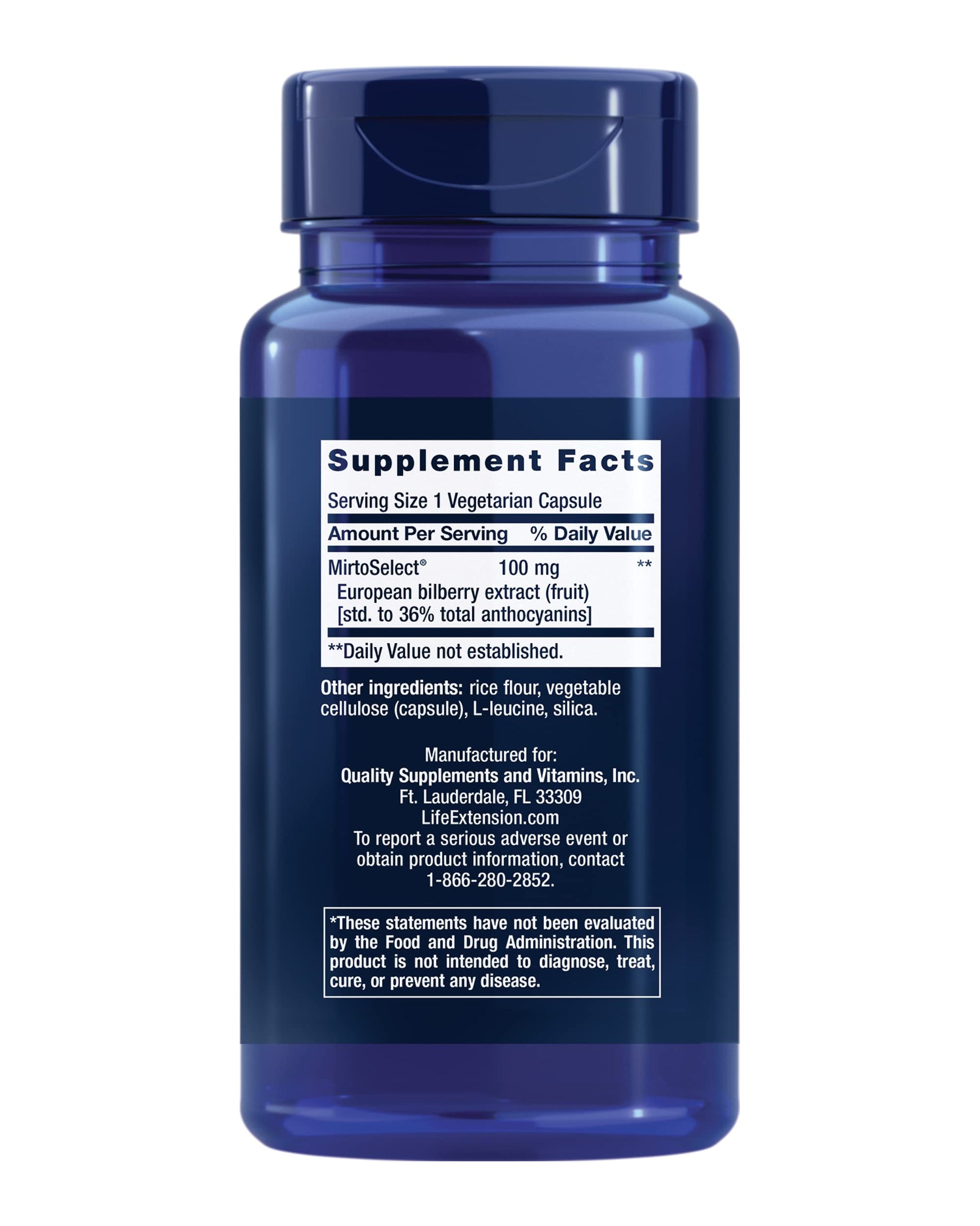 Life Extension MirtoSelect European Bilberry Extract bottle featuring 100 milligram dosage instructions