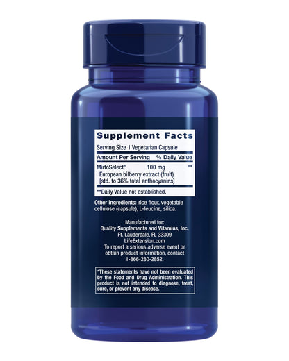 Life Extension MirtoSelect European Bilberry Extract bottle featuring 100 milligram dosage instructions