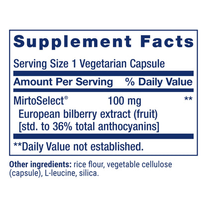 Life Extension Bilberry Extract vegetarian capsules container displaying the non-GMO and gluten-free labels
