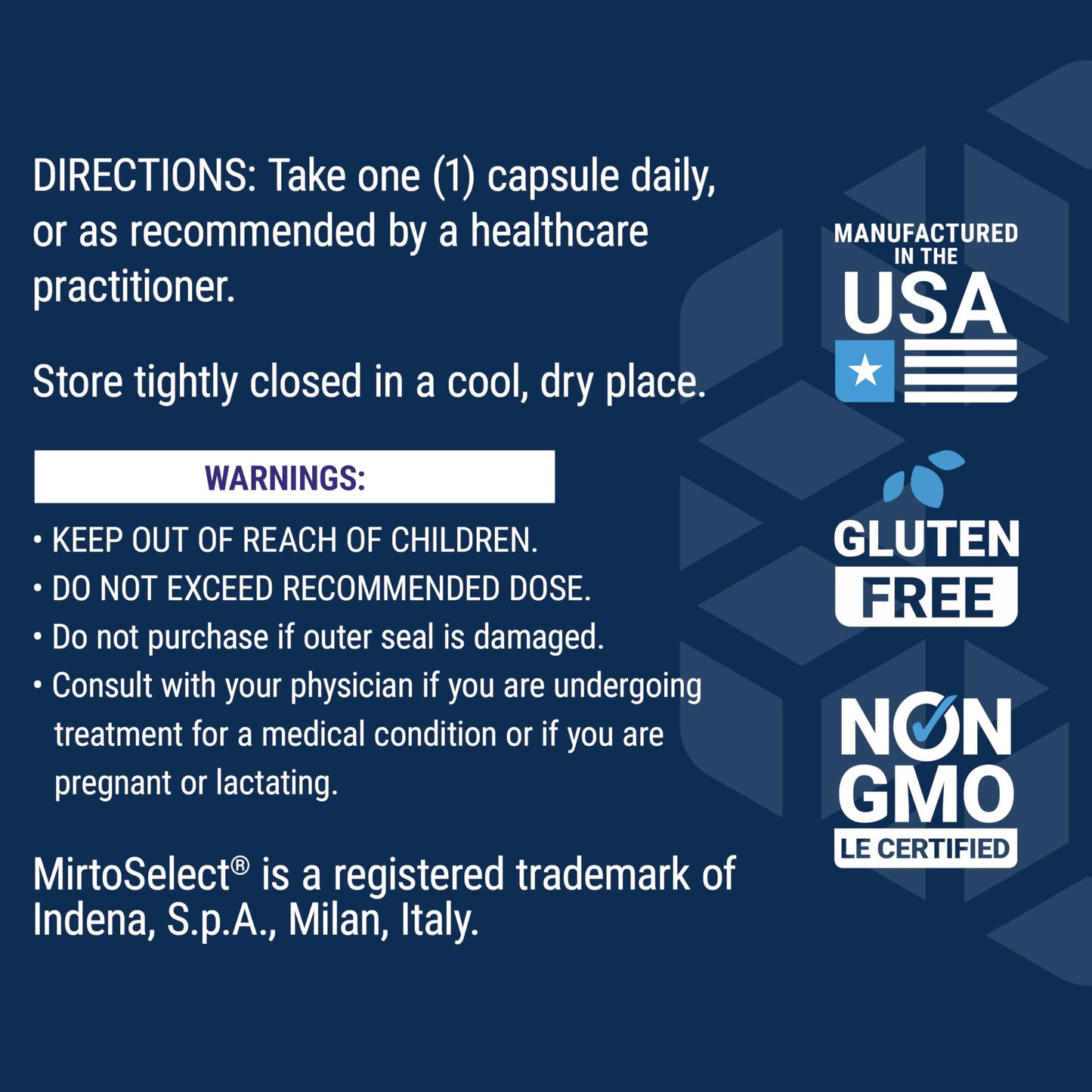 Close-up of Life Extension MirtoSelect eye circulation supplement showing authentic import verification markings