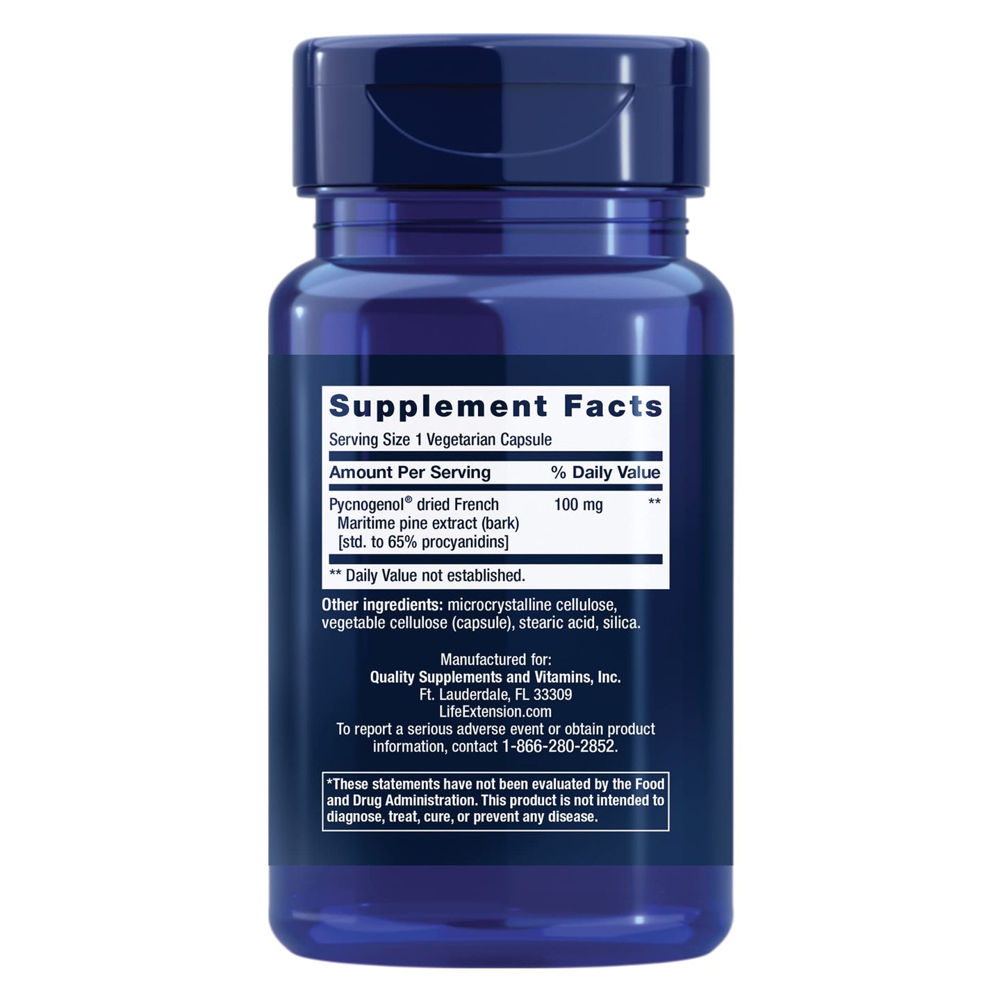 Life Extension Pycnogenol 60 vegetarian capsules bottle side panel displaying standardizations