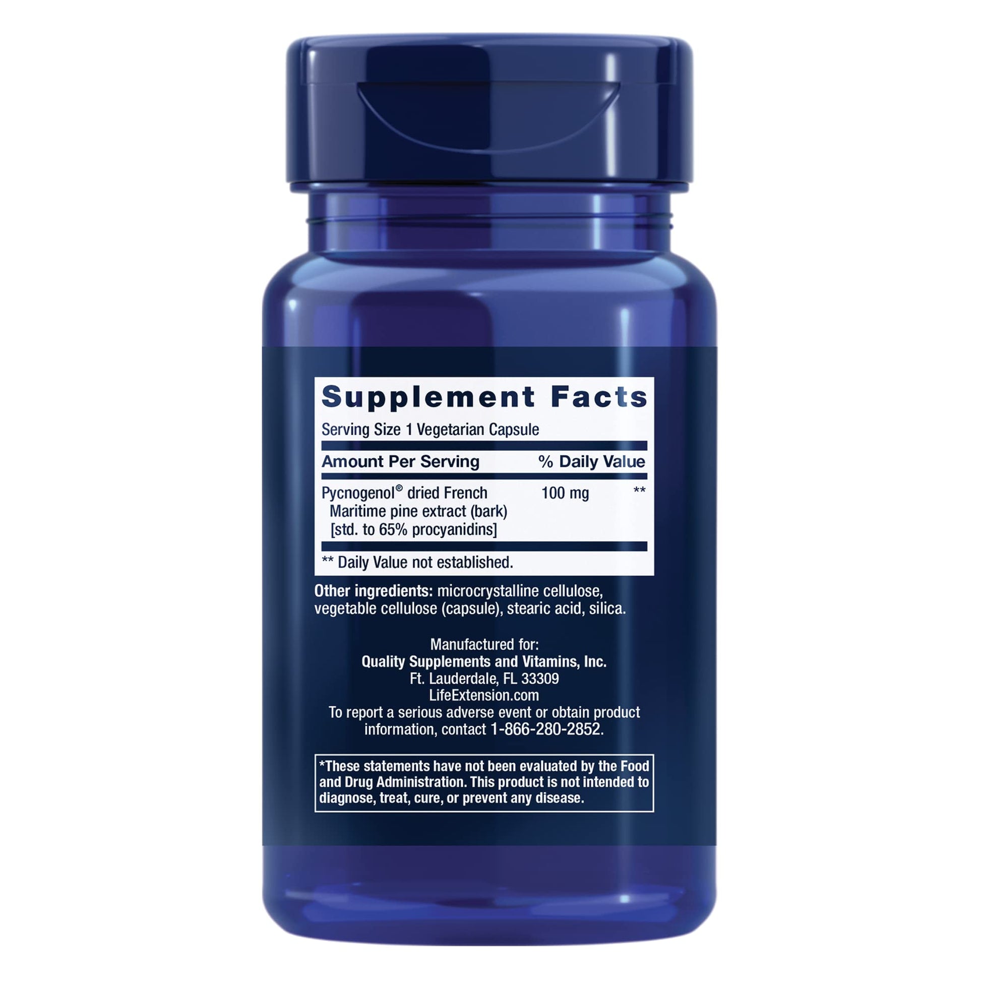 Life Extension Pycnogenol 60 vegetarian capsules bottle side panel displaying standardizations