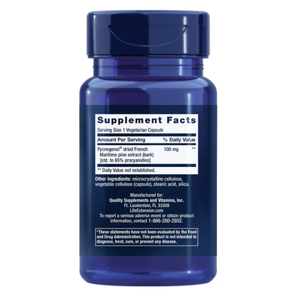 Life Extension Pycnogenol 60 vegetarian capsules bottle side panel displaying standardizations