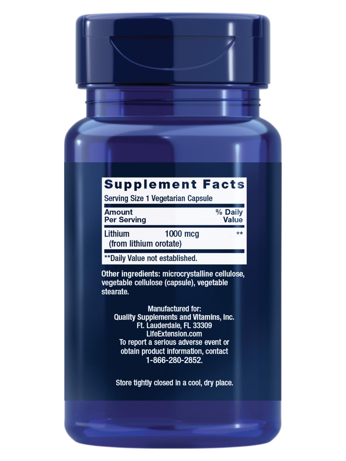 Life Extension Lithium low dose formula packaging details and non GMO certification label