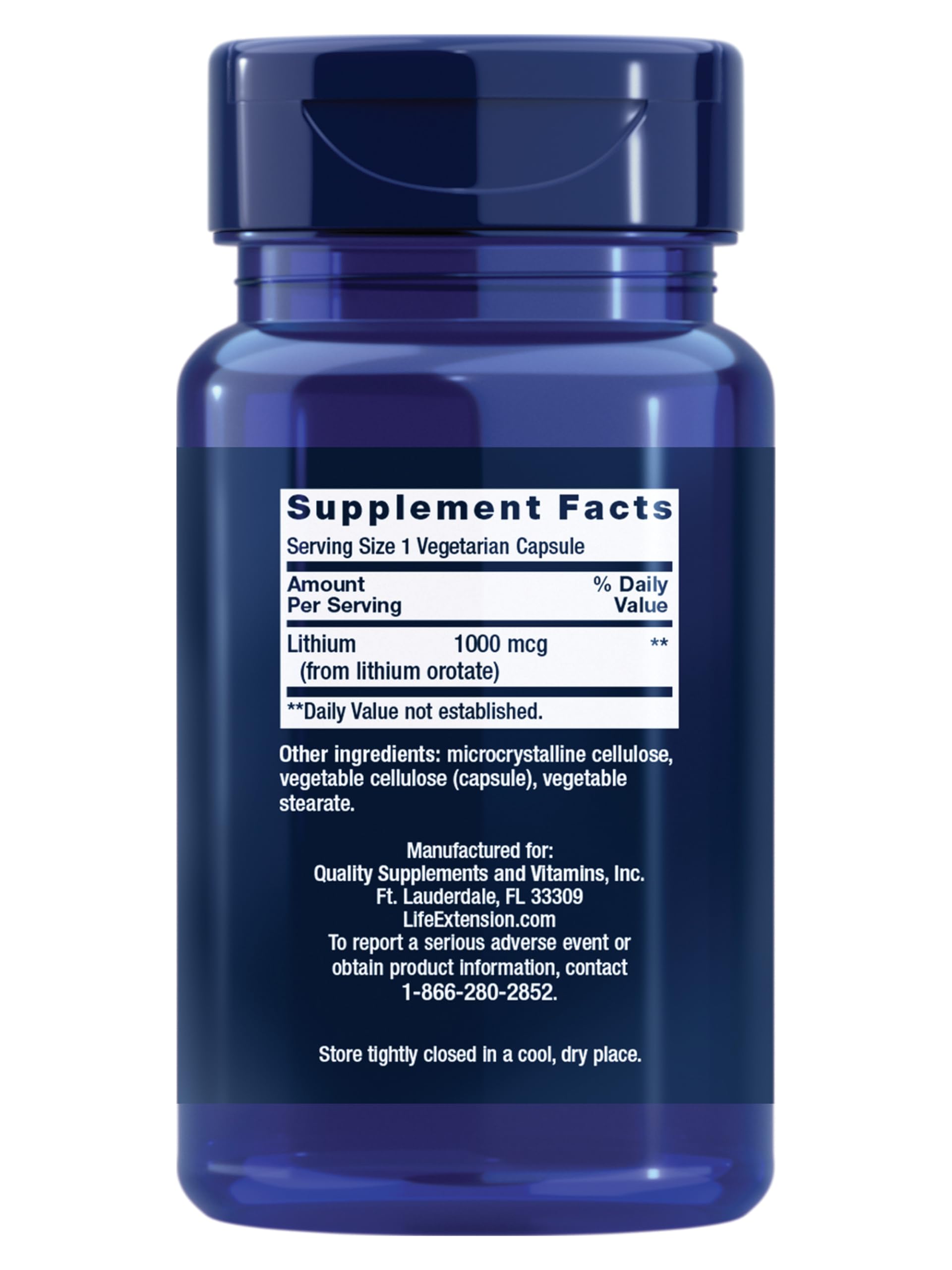 Life Extension Lithium low dose formula packaging details and non GMO certification label