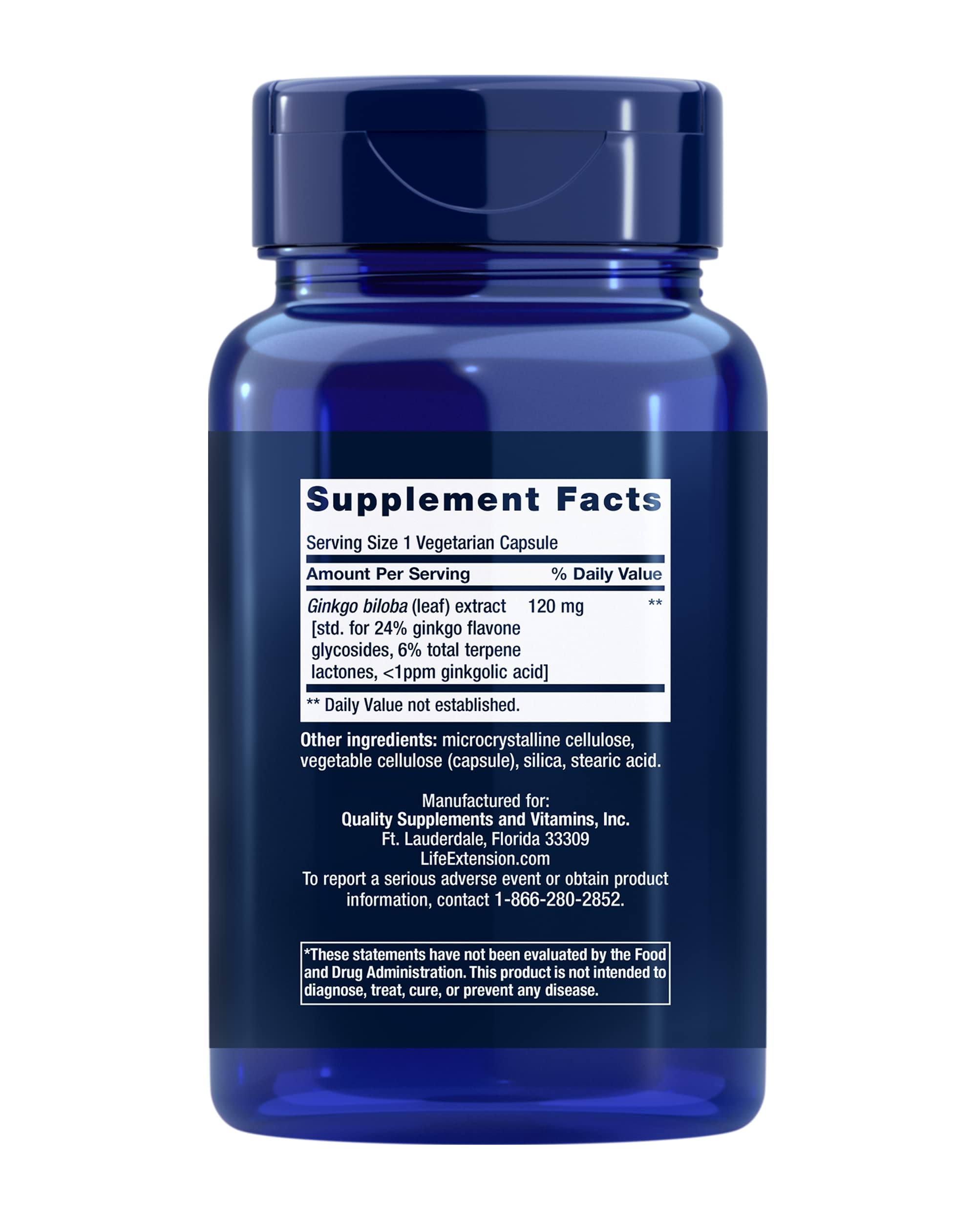 Life Extension Ginkgo Biloba 365 vegetarian capsules side label showing standardization facts