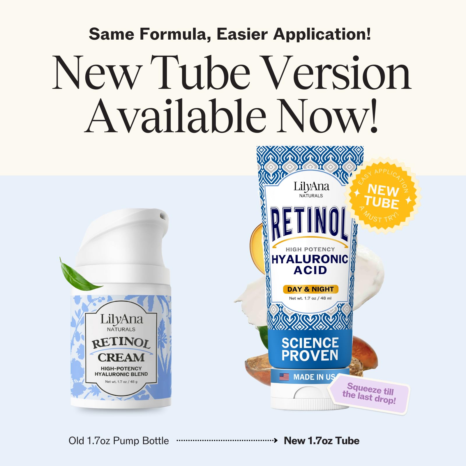 LilyAna Naturals Retinol Face Moisturizer back label displaying natural ingredients list