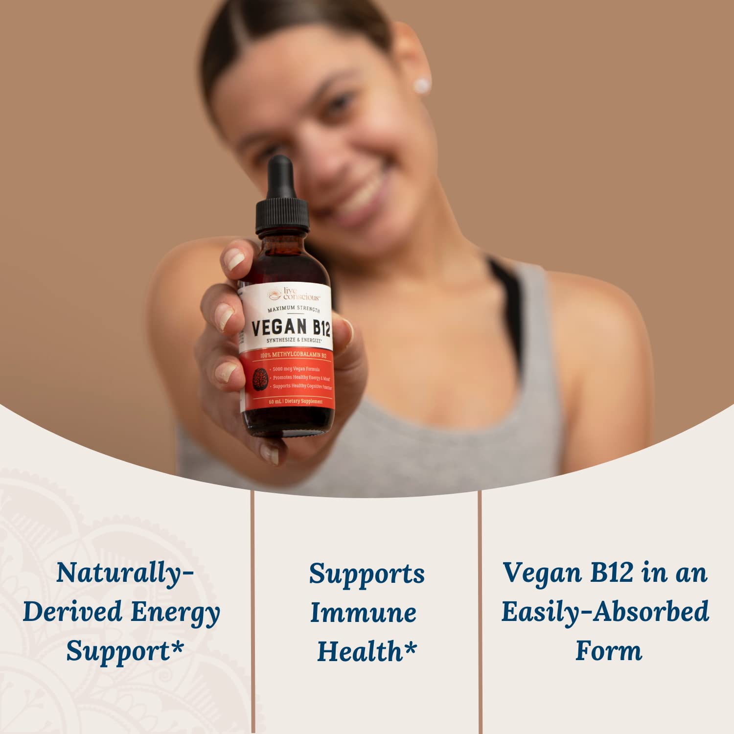 Live Conscious maximum strength sublingual B12 supplement dropper bottle showing methylcobalamin ingredients list