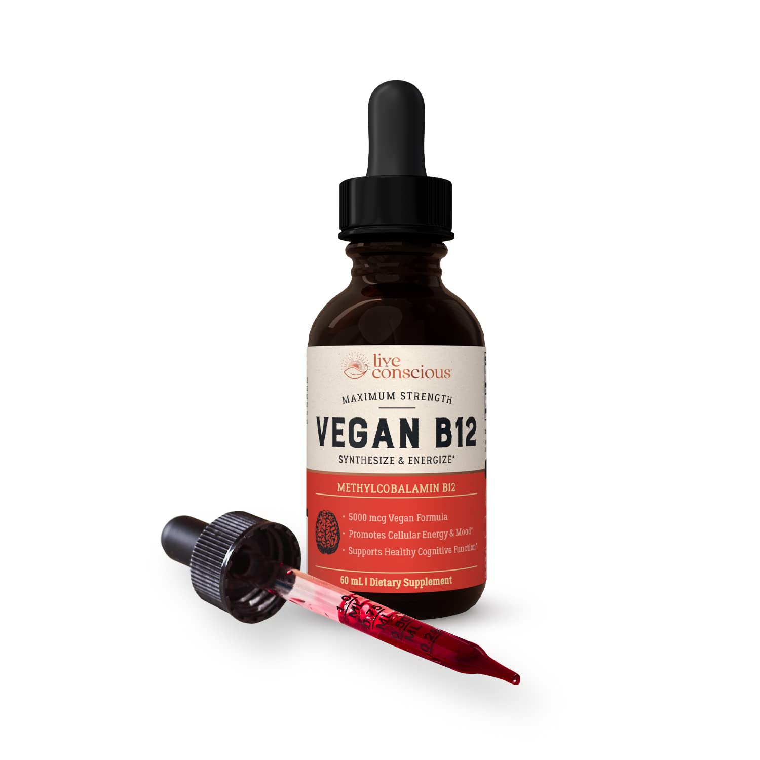 Authentic Live Conscious 5000 mcg Vitamin B12 liquid formula highlighting clean non GMO gluten free labels