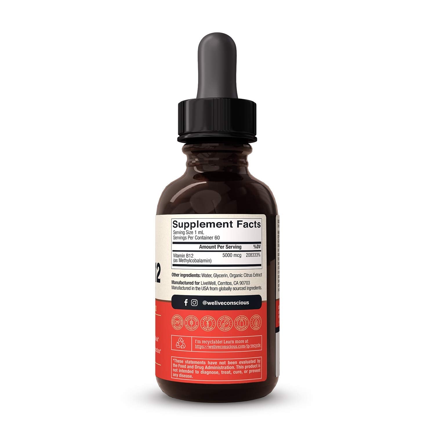 Close up of sublingual dropper application mechanism for rapid absorption of B12 liquid into the body