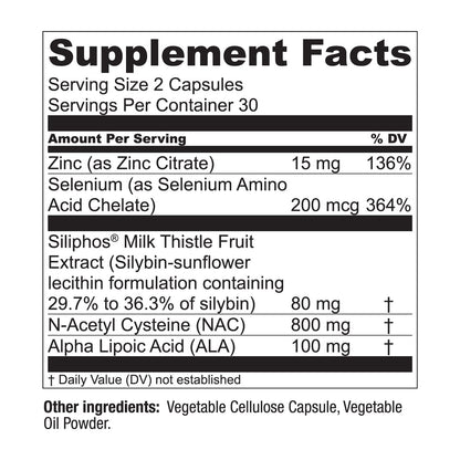 Supplement facts label on the back of Live Conscious LiverWell capsules