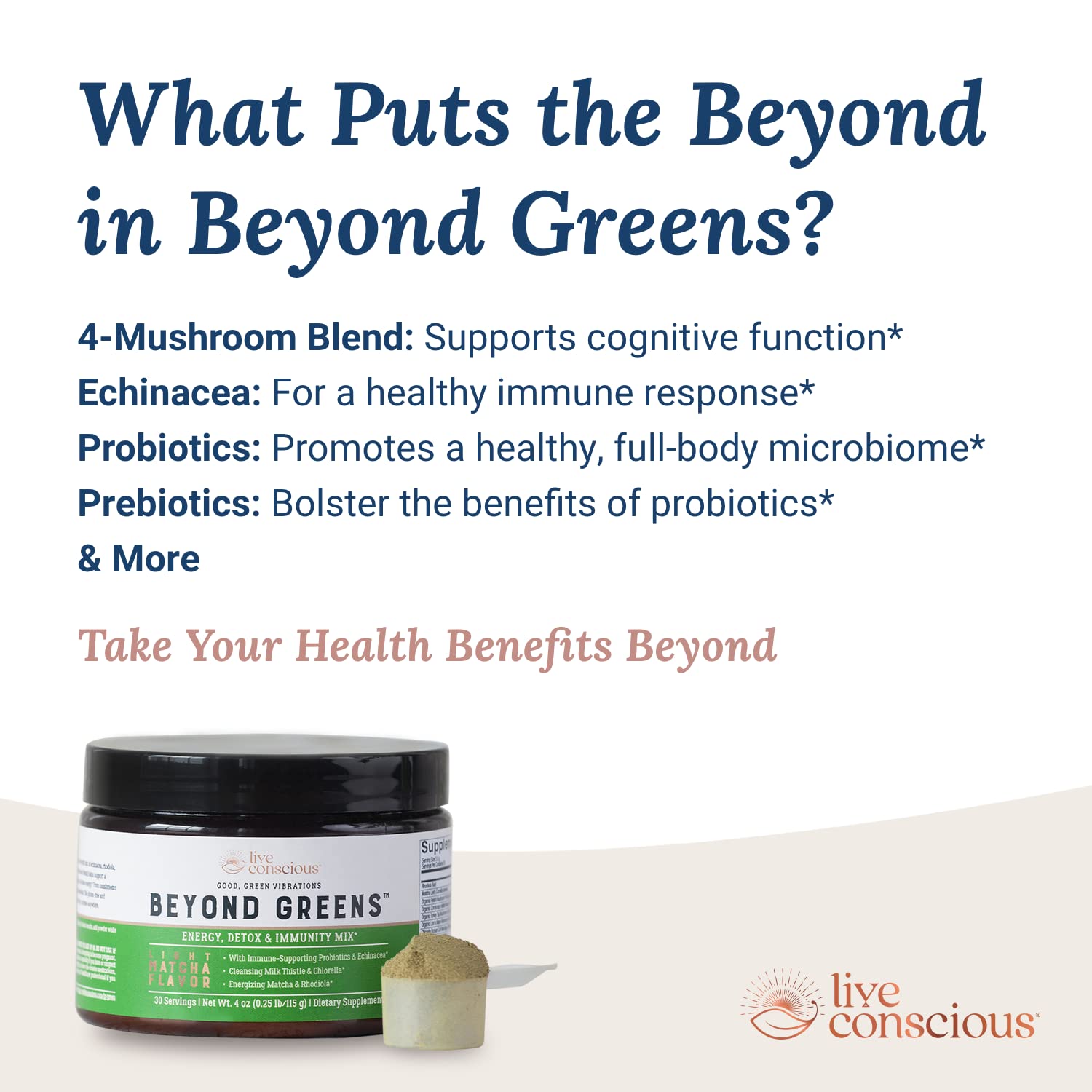 Live Conscious Beyond Greens jar next to a glass of mixed drink