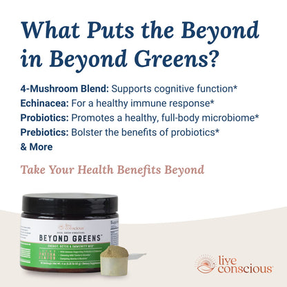 Live Conscious Beyond Greens jar next to a glass of mixed drink