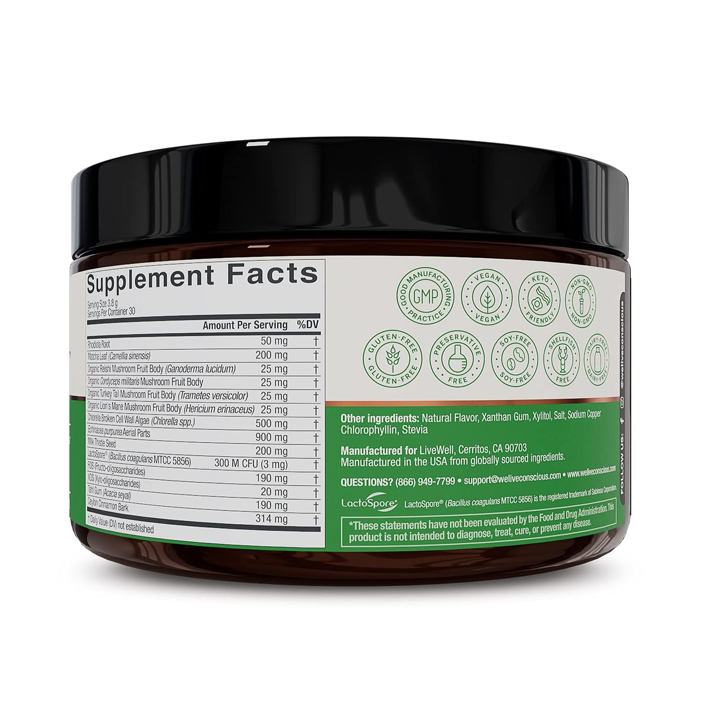 Live Conscious Beyond Greens superfood blend texture close up