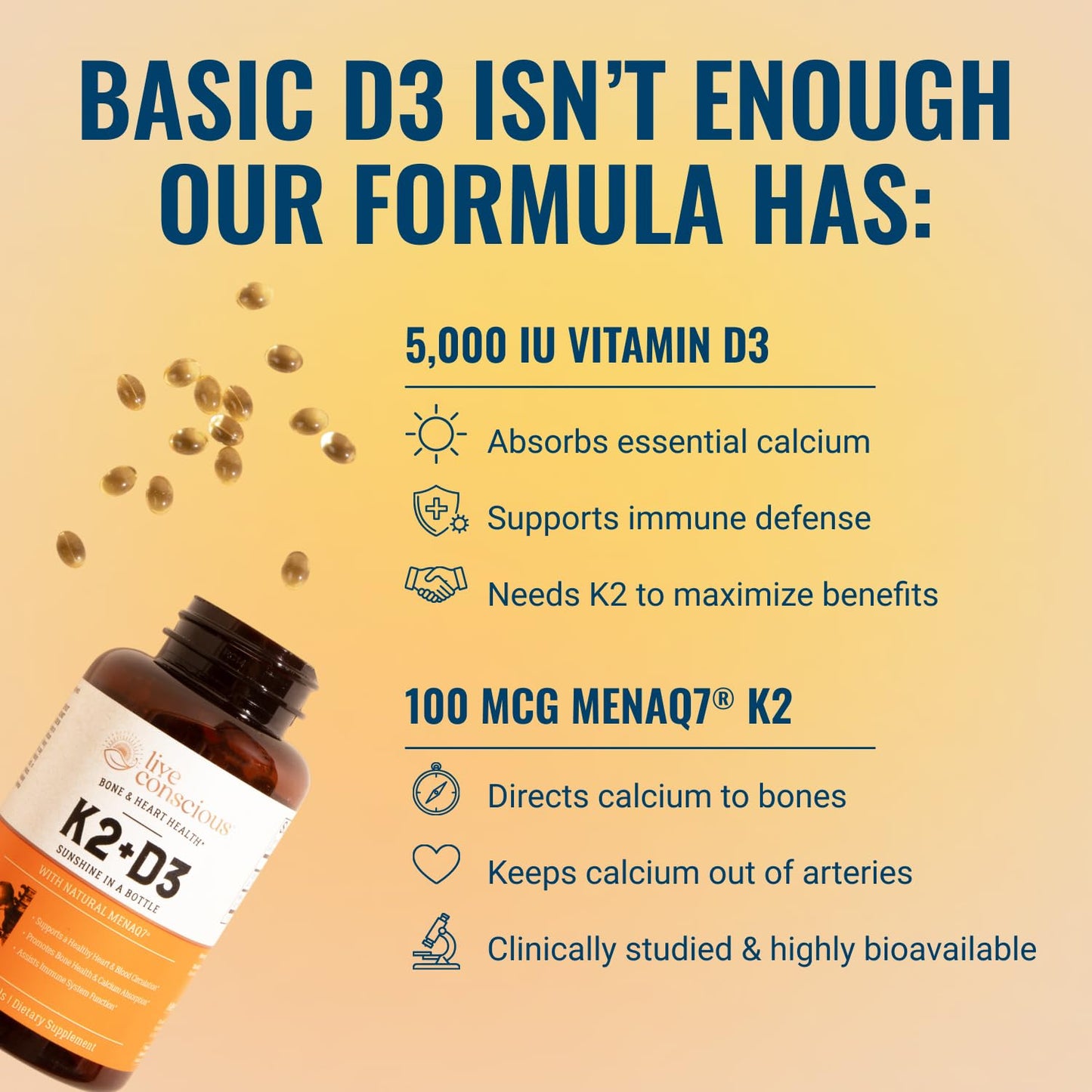 Live Conscious Vitamin K2 MK7 with D3 dietary supplement side panel showing ingredients