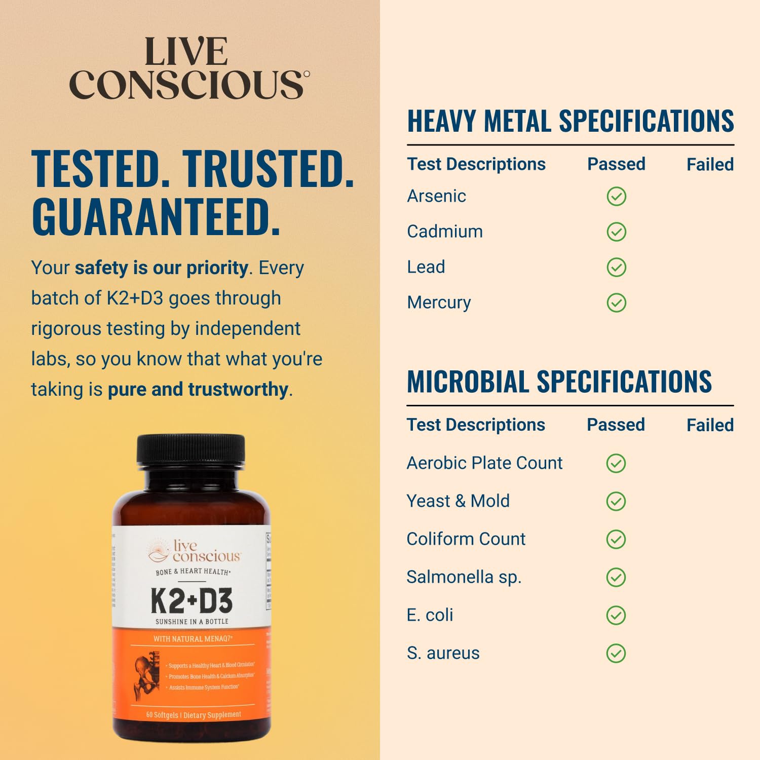 Live Conscious K2 D3 MenaQ7 patented formula bottle on stable background