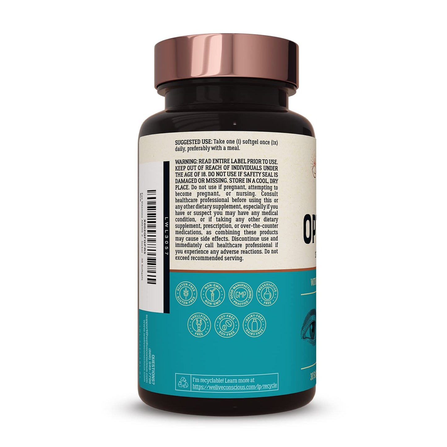 Supplement facts label on Live Conscious OptiWell eye health bottle