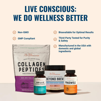 Live Conscious Magwell triple action mineral complex dietary supplement bottle sitting on a clean wellness display counter