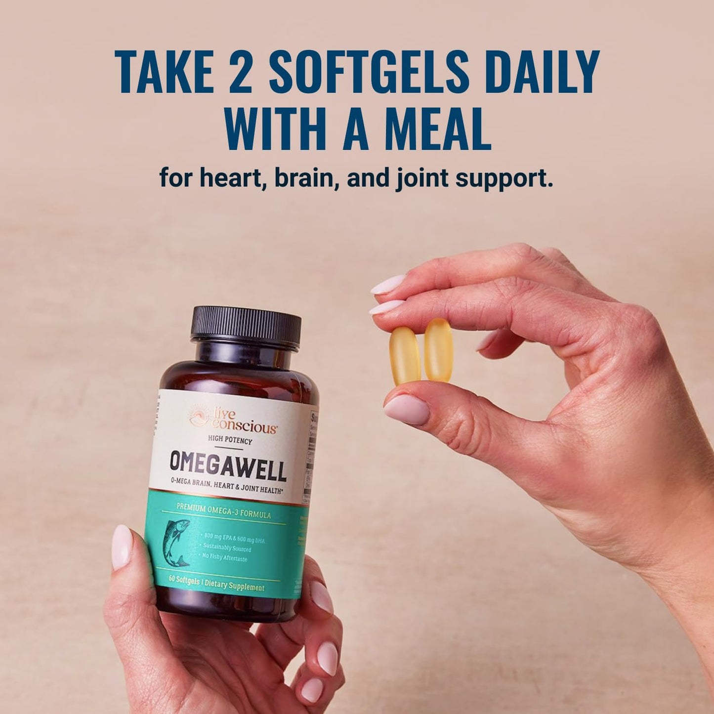 Live Conscious Omega 3 2000 milligrams lemon flavored softgels nutritional supplement overview showing actual bottle size