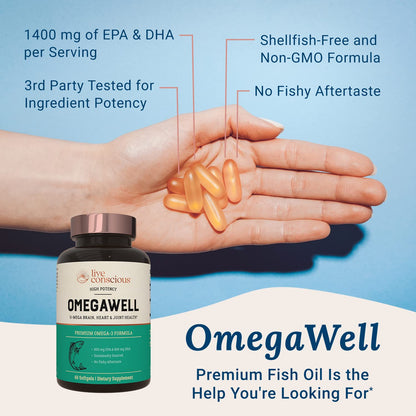 Live Conscious Omega 3 dietary supplement bottle alongside lemon graphics highlighting the burpless formula