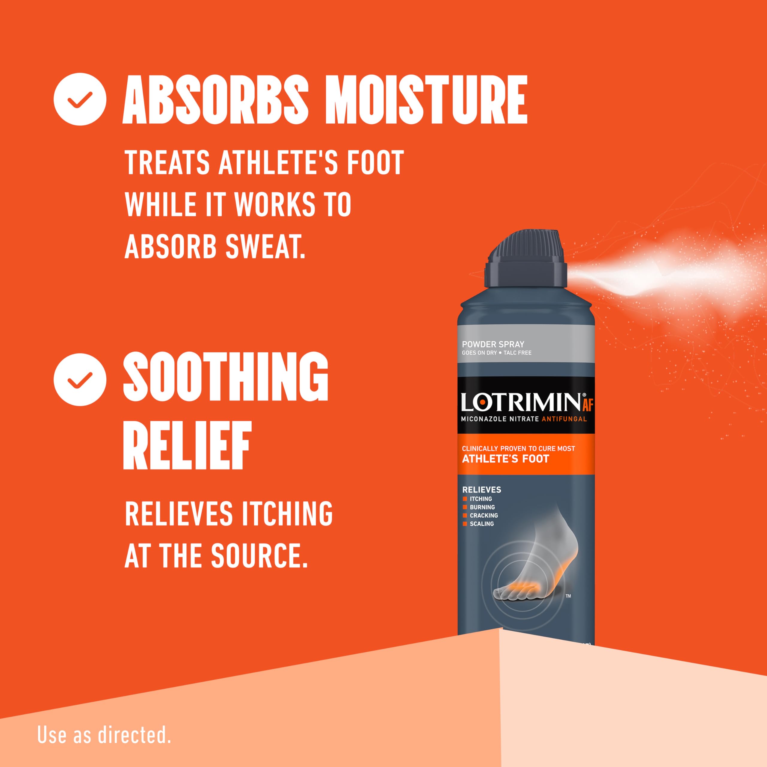 Talc-free antifungal foot spray for relieving burning and cracking skin symptoms.