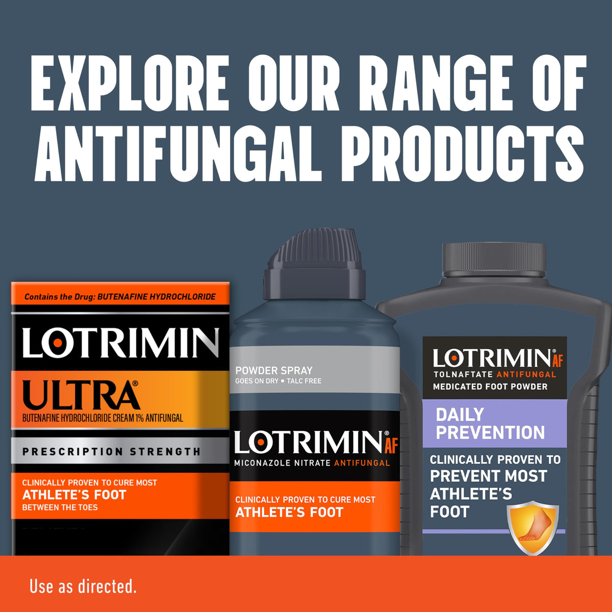 Three cans of Lotrimin authentic imported clinical strength foot care treatment.