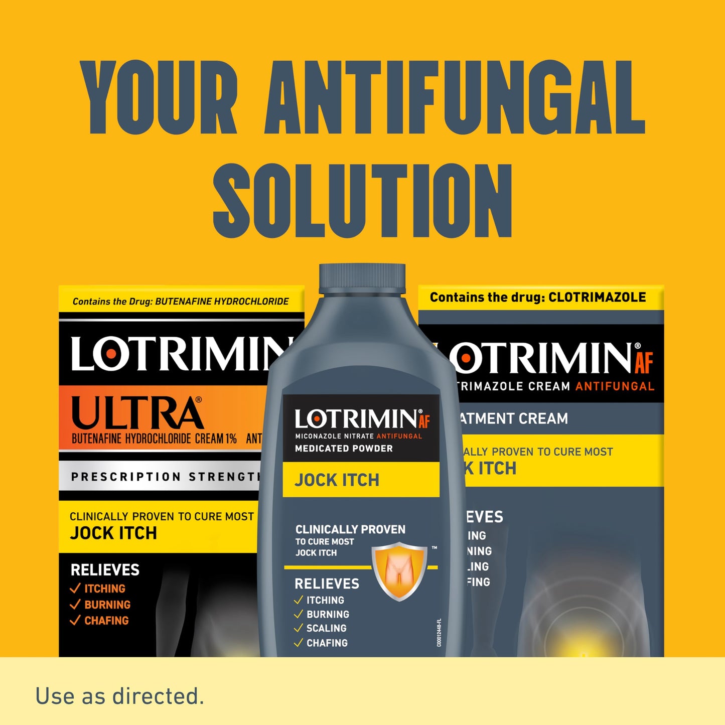 Side view of Lotrimin jock itch powder bottle showing product details and warnings