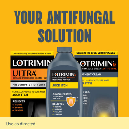 Side view of Lotrimin jock itch powder bottle showing product details and warnings