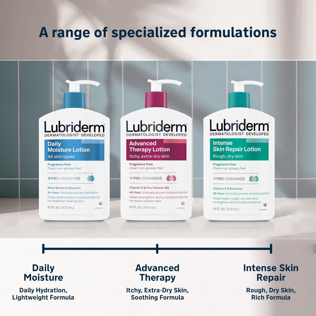 Lubriderm Advanced Therapy Lotion size comparison with standard bottle