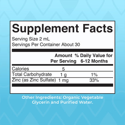 MaryRuth Organics baby zinc supplement two fluid ounces packaging displaying ingredients and serving instructions