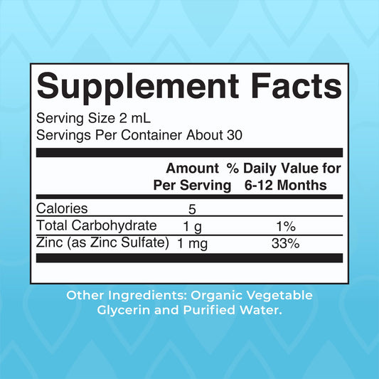 MaryRuth Organics baby zinc supplement two fluid ounces packaging displaying ingredients and serving instructions