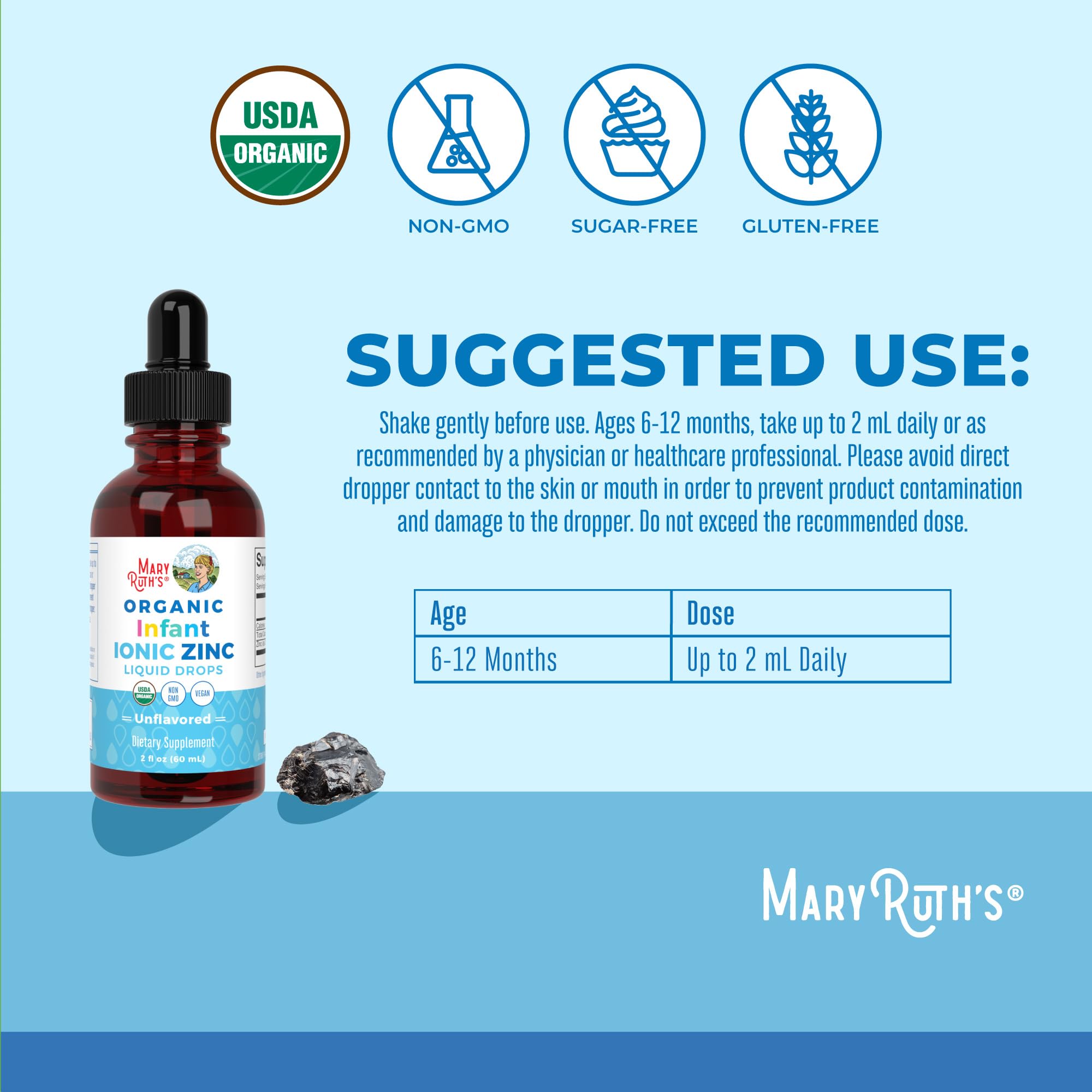 Unflavored infant zinc liquid formula with integrated pump dropper mechanism for precise baby dosage