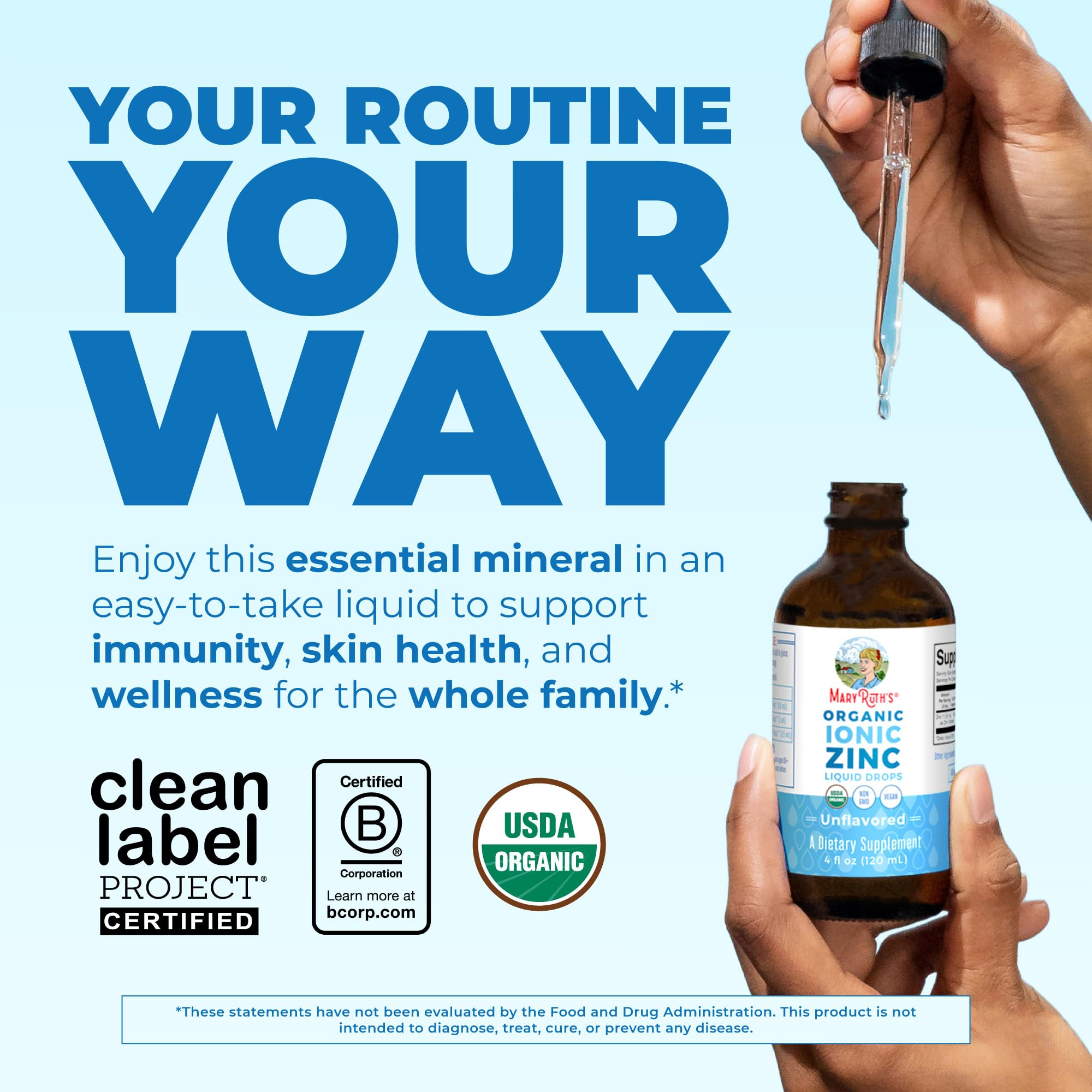MaryRuth's liquid zinc drops premium wellness supplement bottle side view