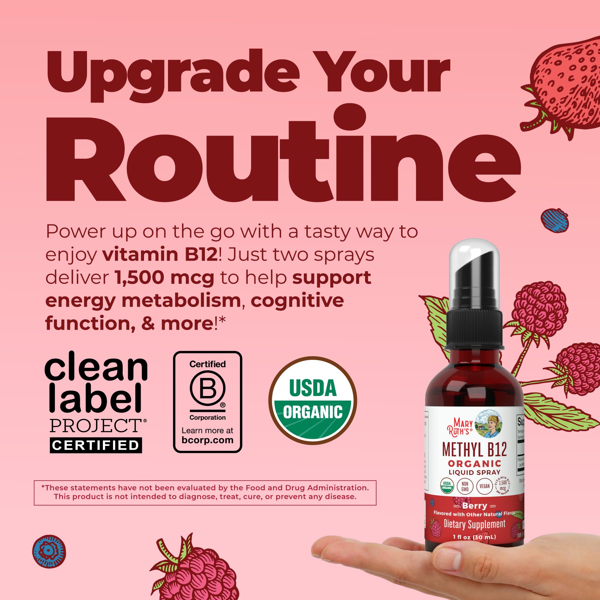 MaryRuth's Organic Vitamin B12 spray bottle next to its organic mixed berry flavor illustration.