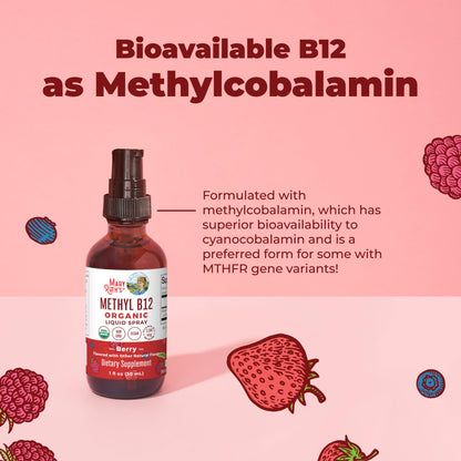 MaryRuth's vegan non-GMO organic B12 spray highlighting the 1 fluid ounce 30 ml packaging size.