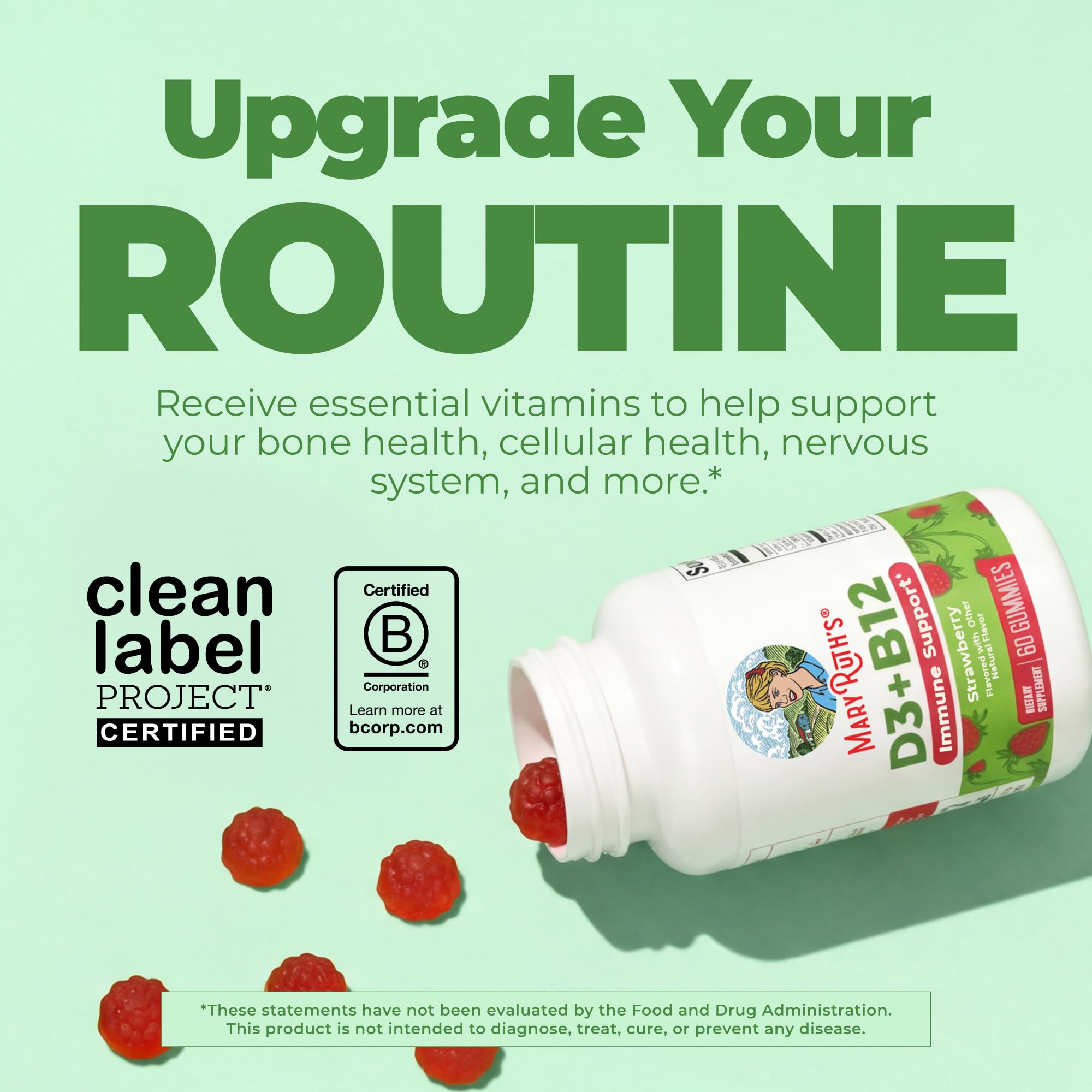 MaryRuth Organics plant based strawberry supplement gummies container showing ingredient facts
