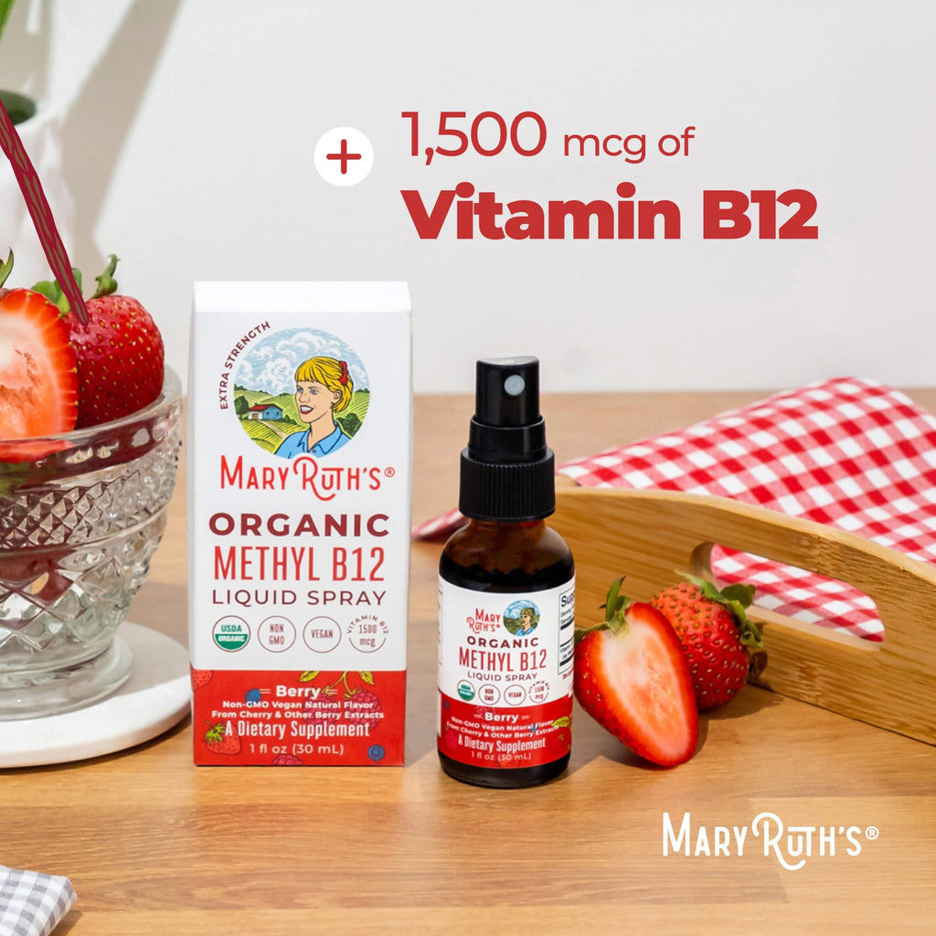 Authentic imported MaryRuth's B12 spray bottle displayed upright against a clean premium backdrop.