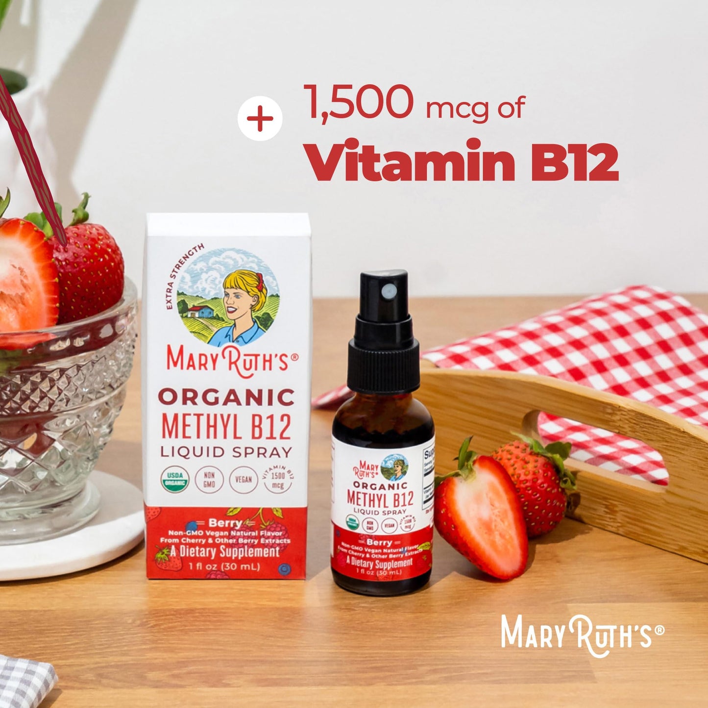 Authentic imported MaryRuth's B12 spray bottle displayed upright against a clean premium backdrop.