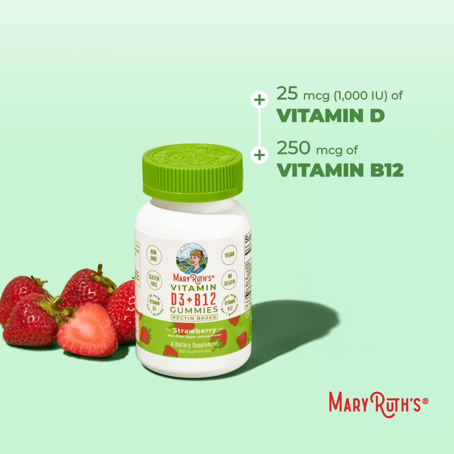 MaryRuth Organics strawberry flavored daily immunity vitamins bottle display with clear certification seals