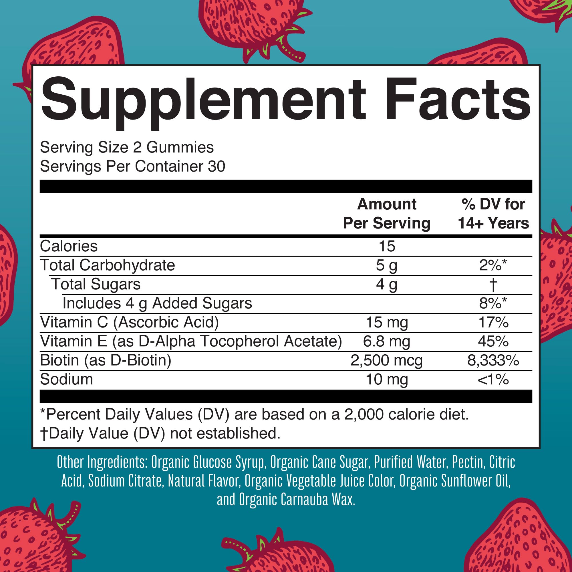 MaryRuth's biotin gummies supplement facts label with ingredient breakdown and serving size