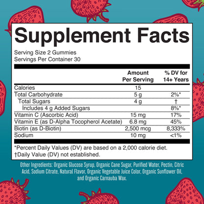 MaryRuth's biotin gummies supplement facts label with ingredient breakdown and serving size
