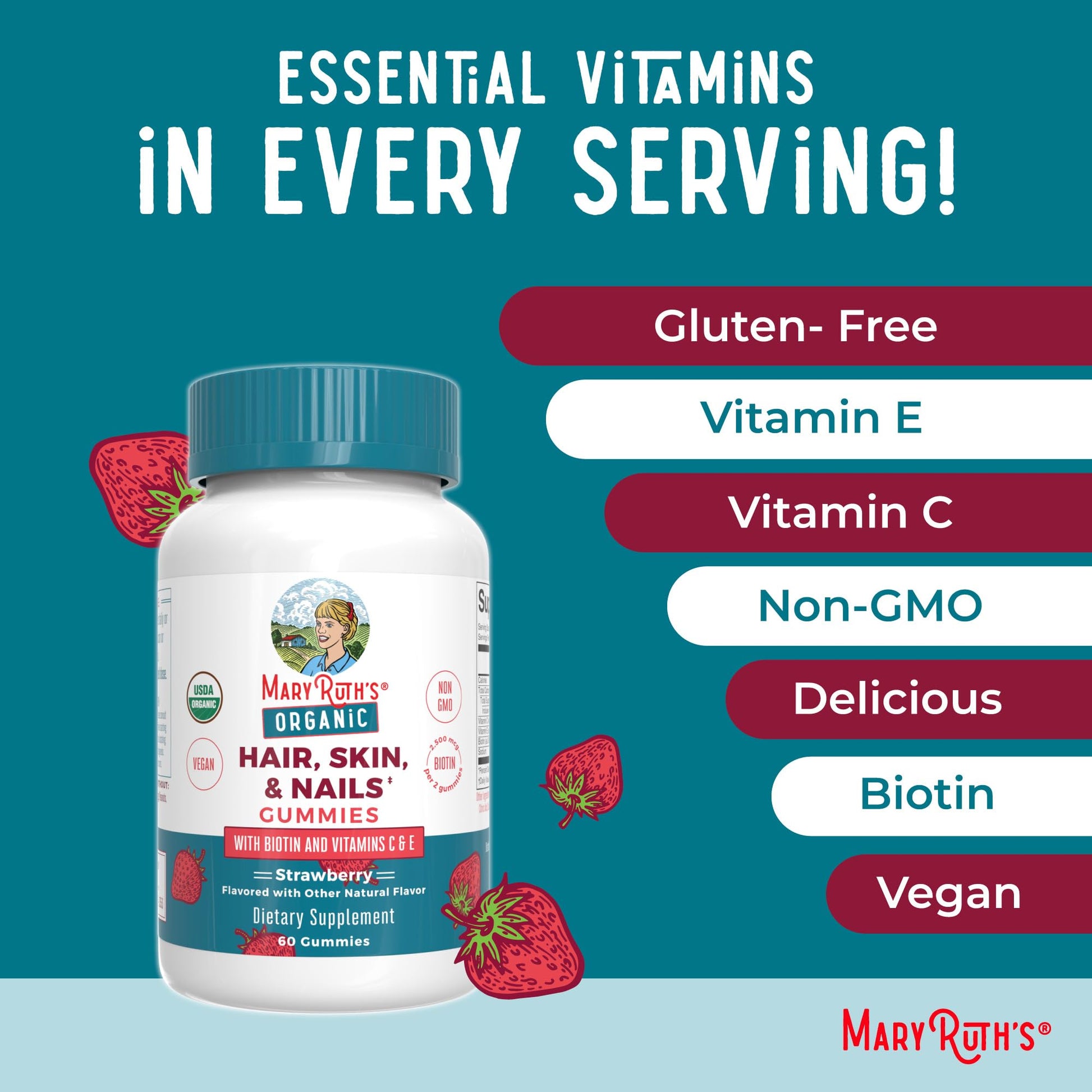 MaryRuth's USA imported premium organic biotin supplements packaging details