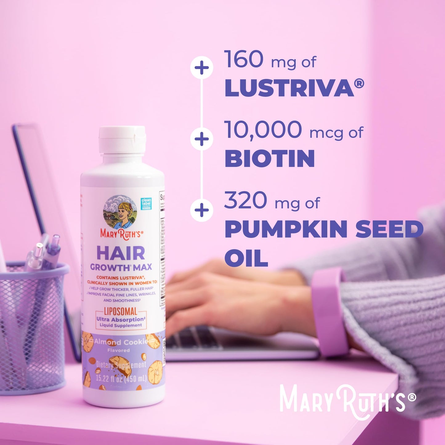 Close up view of the 15.22 fluid ounce MaryRuth Organics women's liposomal hair growth formula