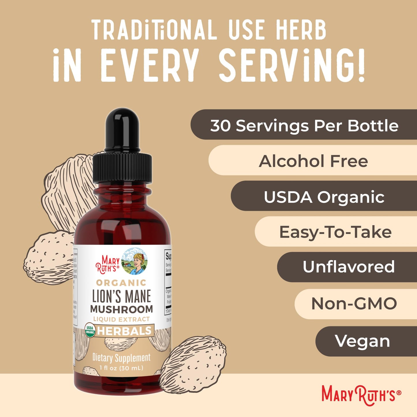 MaryRuth's lion's mane mushroom concentrated liquid formula for daily focus