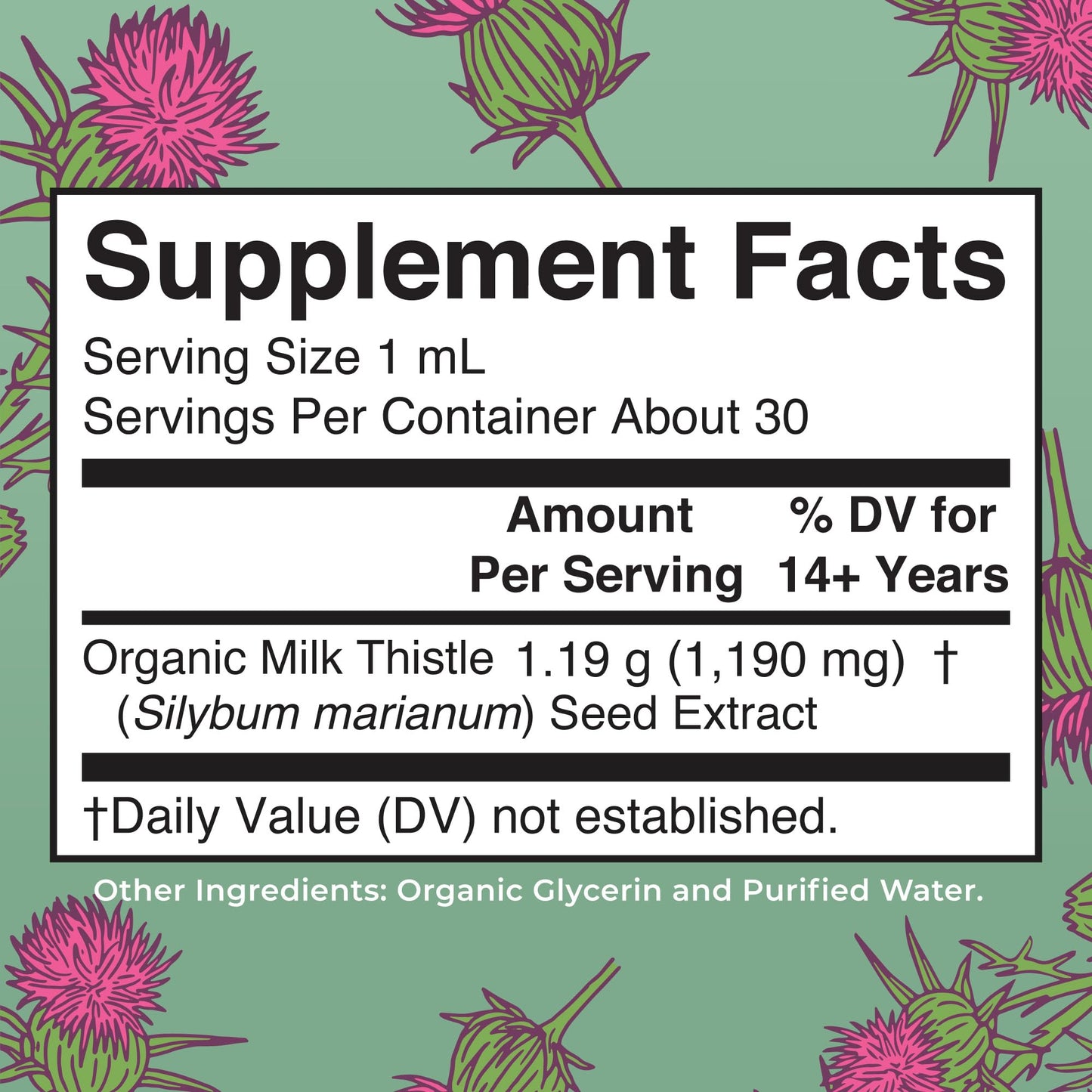 MaryRuth's vegan alcohol free milk thistle tincture supplement bottle showing ingredient facts.