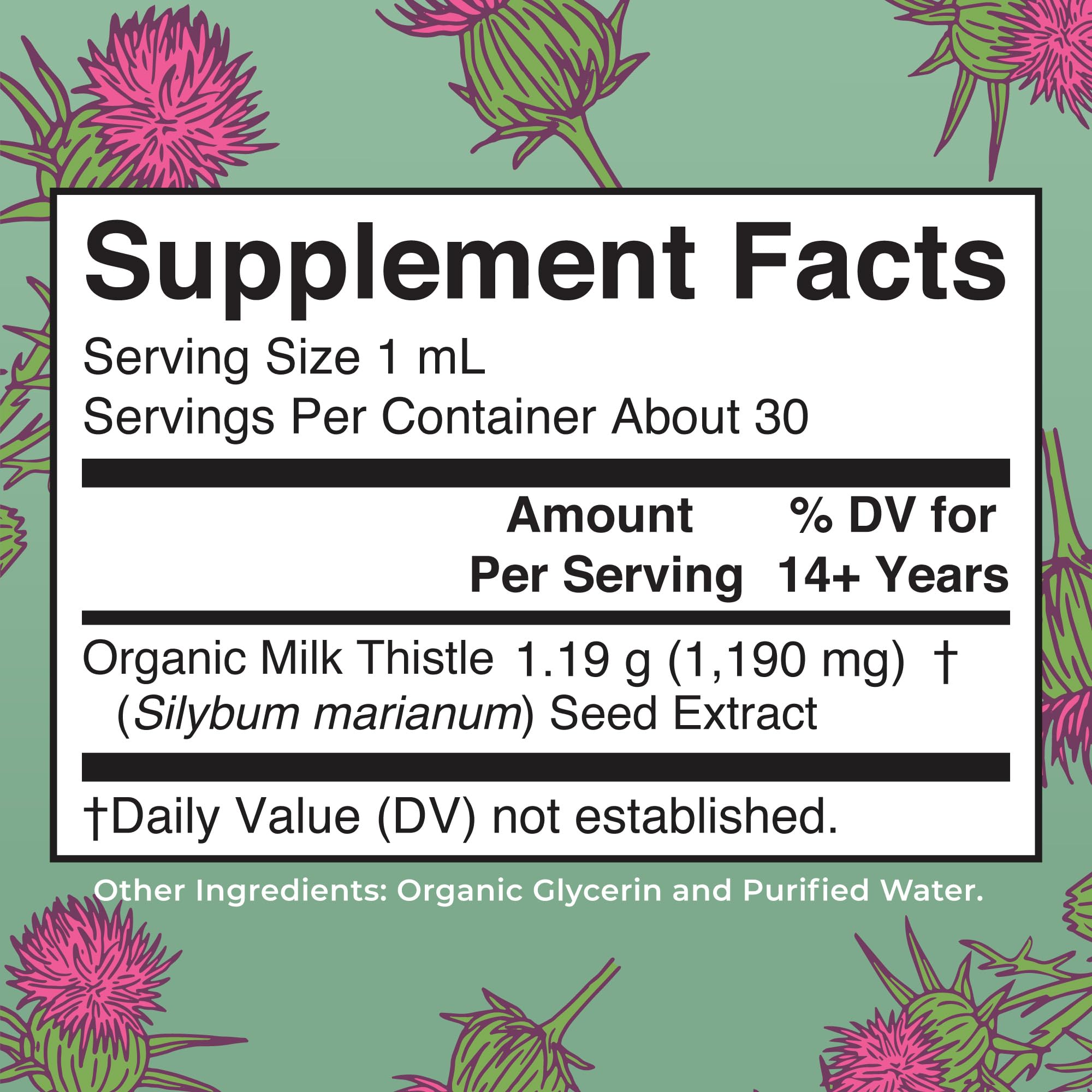 MaryRuth's vegan alcohol free milk thistle tincture supplement bottle showing ingredient facts.
